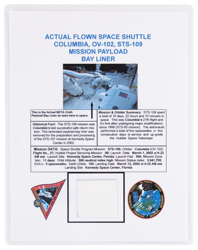 Lot 6436 STS-109 Flown Beta Cloth Payload Bay Liner with (3) Signed Space Shuttle Commemorative Covers