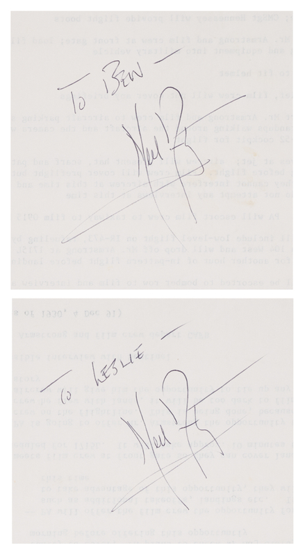 Lot 6176 Neil Armstrong Twice-Signed Itinerary for First Flights Filming at Carswell Air Force Base (1991)