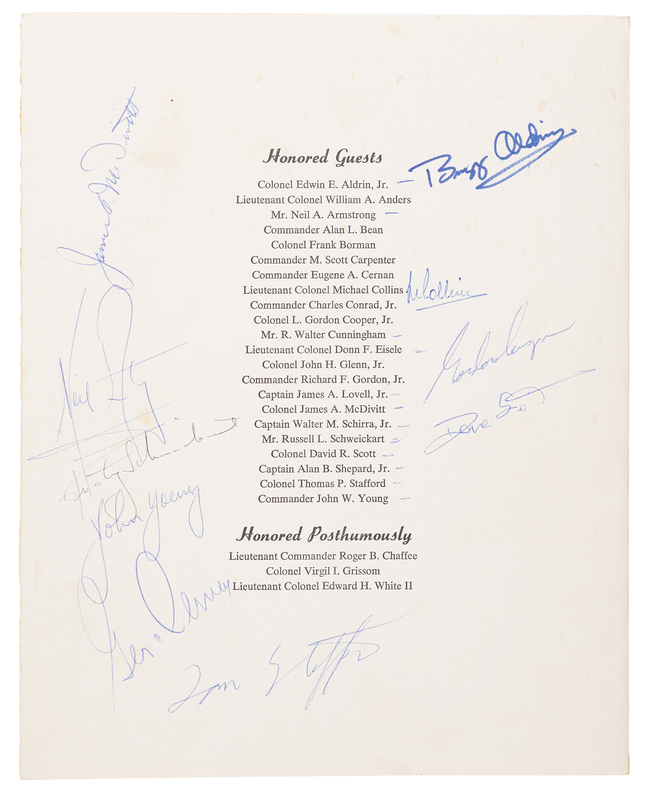 Lot 6314 Apollo Astronauts (10) Signed Omega Apollo Astronaut Appreciation Dinner Menu with Neil Armstrong, Buzz Aldrin, and Michael Collins