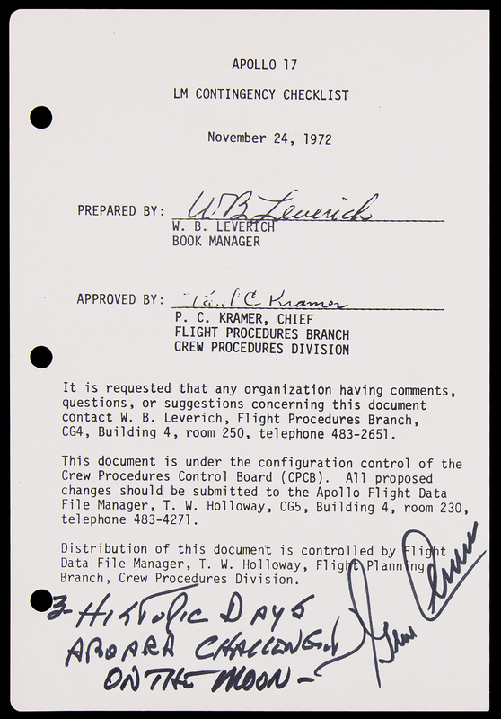 Lot 6305 Apollo 17 Lunar Flown Checklist Page - Signed by Gene Cernan