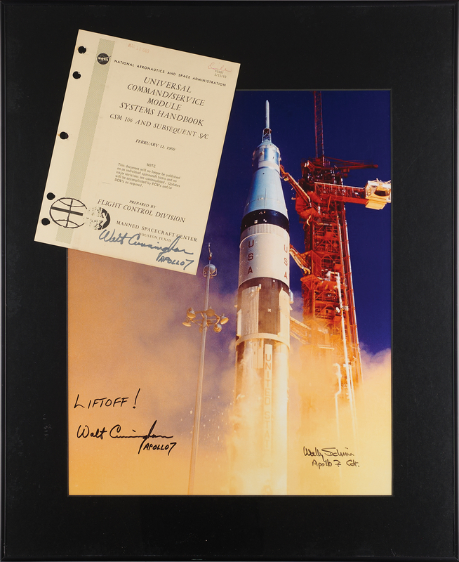 Lot 6082 Wally Schirra and Walt Cunningham Signed Oversized Photograph with Cunningham-Signed NASA 'CSM Systems Handbook' Cover