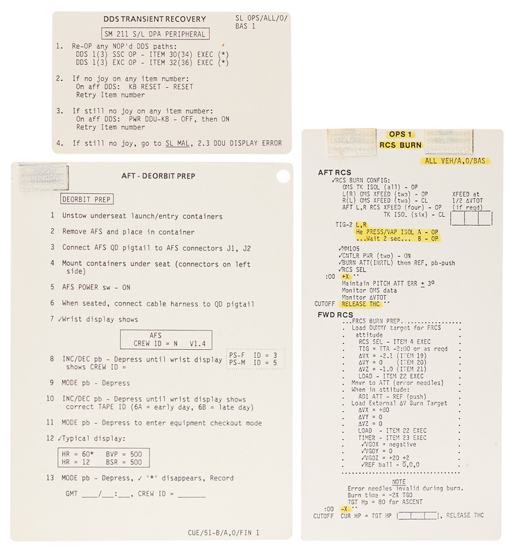 Lot 6419 STS-51-B (3) Cue Cards for Prelaunch/Post Insertion, DDS Transient Recovery, and OPS RCS Burn [Attested Flown] - From the Personal Collection of William E. Thornton