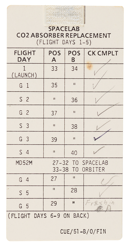 Lot 6426 STS-51-B Spacelab CO2 Absorber Replacement Cue Card [Attested Flown] - From the Personal Collection of William E. Thornton