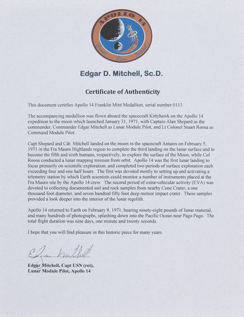 Lot #6228 Apollo 14 Flown Franklin Mint Medallion - From the Personal Collection of Edgar Mitchell - Image 3