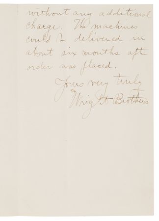 Lot #6001 Wilbur Wright Autograph Letter Signed, Outlining Purchase Terms for Wright Flyers: 