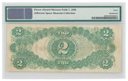 Lot #6044 Mercury-Atlas 9 Faith 7 Flown $2 Dollar Bill, Signed by Gordon Cooper - PMG VF 30 - Image 3