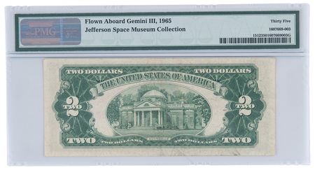 Lot #6057 Gemini 3 Molly Brown Flown $2 Dollar Bill, Signed by Gus Grissom and John Young - PMG CVF 35 - Image 2