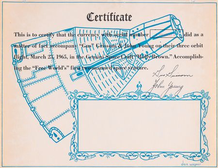 Lot #6057 Gemini 3 Molly Brown Flown $2 Dollar Bill, Signed by Gus Grissom and John Young - PMG CVF 35 - Image 3