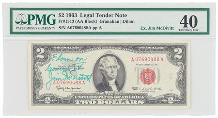 Lot #6059 Gemini 4 Flown $2 Dollar Bill, Signed by Jim McDivitt - PMG EF 40 - Image 2