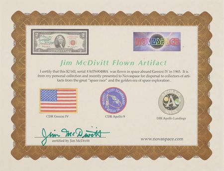 Lot #6059 Gemini 4 Flown $2 Dollar Bill, Signed by Jim McDivitt - PMG EF 40 - Image 5