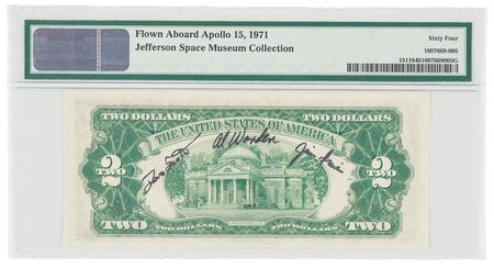 Lot #6270 Apollo 15 Flown $2 Dollar Bill, Signed