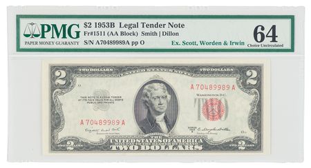 Lot #6270 Apollo 15 Flown $2 Dollar Bill, Signed by Dave Scott, Jim Irwin, and Al Worden - PMG CU 64 - Image 2