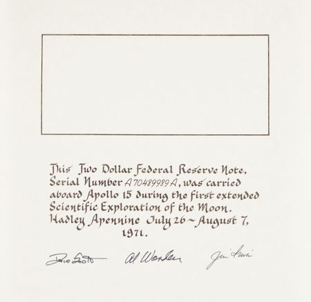 Lot #6270 Apollo 15 Flown $2 Dollar Bill, Signed by Dave Scott, Jim Irwin, and Al Worden - PMG CU 64 - Image 3