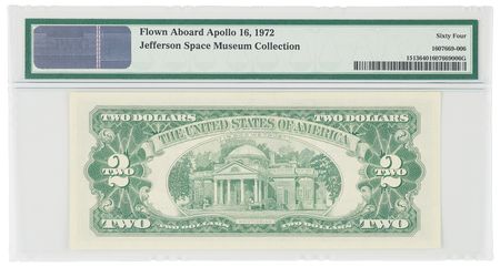 Lot #6281 Apollo 16 Flown $2 Dollar Bill, Signed by John Young, Charlie Duke, and Ken Mattingly - PMG CU 64 - Image 2