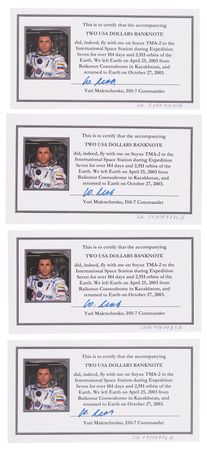 Lot #6440 ISS Expedition 7/Soyuz TMA-2 (4) Flown $2 Dollar Bills, Signed by Yuri Malenchenko - Image 3
