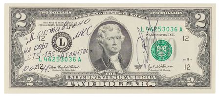Lot #6413 STS-135 Flown $2 Dollar Bill, Signed by Aleksandr Samokutyaev - Image 1