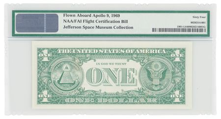 Lot #6108 Apollo 9 Flown $1 Dollar Bill, Signed by Dave Scott, Rusty Schweickart, and Jim McDivitt - From the Collection of NAA Certifying Official Robert Dillaway - PMG CU 64 - Image 2