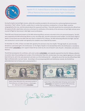 Lot #6108 Apollo 9 Flown $1 Dollar Bill, Signed by Dave Scott, Rusty Schweickart, and Jim McDivitt - From the Collection of NAA Certifying Official Robert Dillaway - PMG CU 64 - Image 3