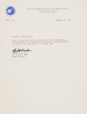 Lot #6271 Apollo 15 Flown $20 Dollar Bill, Signed by Dave Scott, Jim Irwin, and Al Worden - Image 3