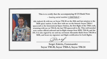 Lot #6441 Soyuz TM-30/MIR-28/TMA-1/ISS Flown $1 Dollar Bill, Signed by Sergey Zalyotin and Aleksandr Kaleri - Image 3