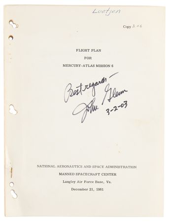Lot #6037 John Glenn Signed Flight Plan for the