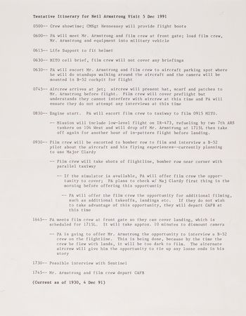 Lot #6176 Neil Armstrong Twice-Signed Itinerary for First Flights Filming at Carswell Air Force Base (1991) - Image 3