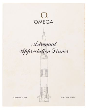 Lot #6314 Apollo Astronauts (10) Signed Omega Apollo Astronaut Appreciation Dinner Menu with Neil Armstrong, Buzz Aldrin, and Michael Collins - Image 2