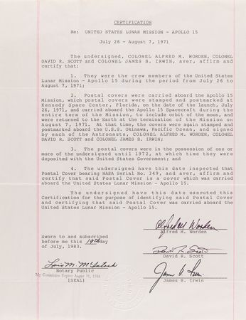 Lot #6267 Apollo 15 Flown 'Phases of the Moon' Cover with Crew-Signed Certificate - Image 3