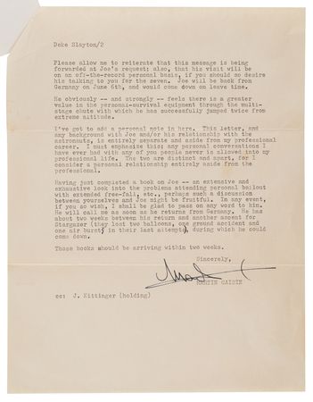 Lot #6033 Mercury 7 Signed Initials on Mailing Envelope with Deke Slayton Autograph Note Signed, Agreeing to Joseph Kittinger’s Parachute Proposal - Image 5