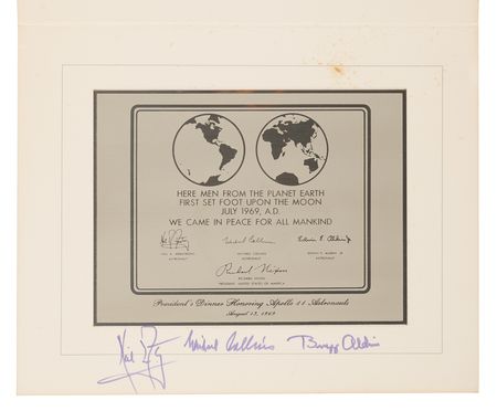 Lot #6131 Apollo 11 Crew-Signed Lunar Plaque Presentation with Collection of Ephemera from Nixon’s 1969 ‘Dinner of the Century’ - Image 2