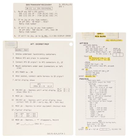 Lot #6419 STS-51-B (3) Cue Cards for Prelaunch/Post Insertion, DDS Transient Recovery, and OPS RCS Burn [Attested Flown] - From the Personal Collection of William E. Thornton - Image 1