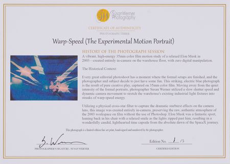 Lot #6461 Elon Musk Original Photographic Print by Susan Werner - “Warp-Speed (The Experimental Motion Portrait)” (Ltd. Ed. #1/5) - 29˝ x 20˝ - Image 2