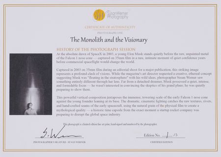 Lot #6462 Elon Musk Original Photographic Print by Susan Werner - “The Monolith and the Visionary” (Ltd. Ed. #1/5) - 20˝ x 28˝ - Image 2
