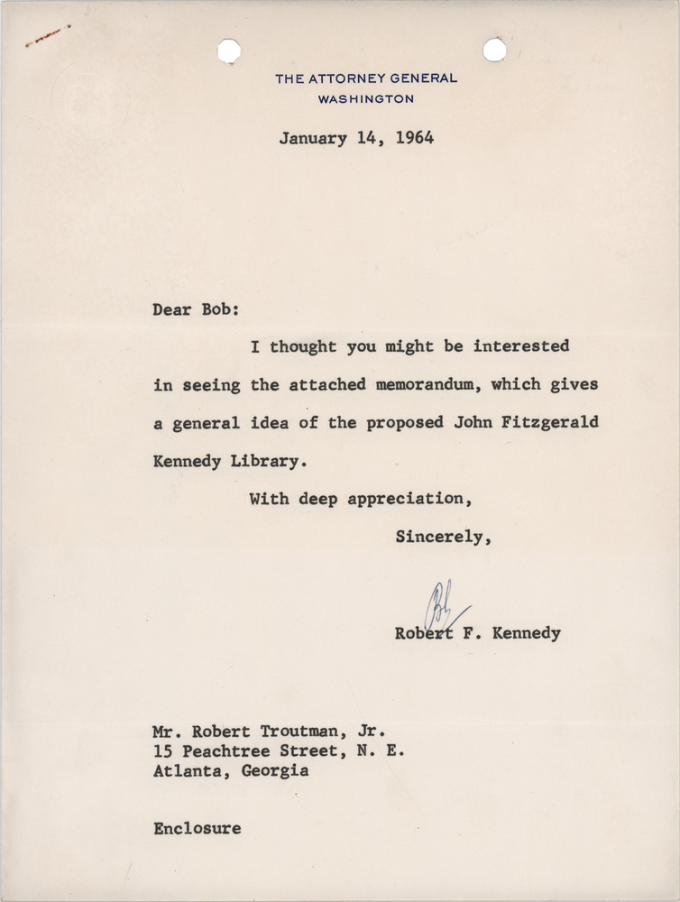 Lot 284 Robert F. Kennedy Typed Letter Signed and Draft Memorandum for the Proposed John Fitzgerald Kennedy Library