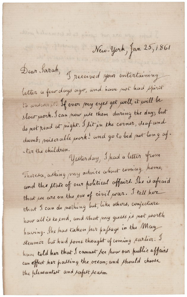 Lot 581 Clement C. Moore Autograph Letter Signed on His Daughter's Political Predictions in 1861: 