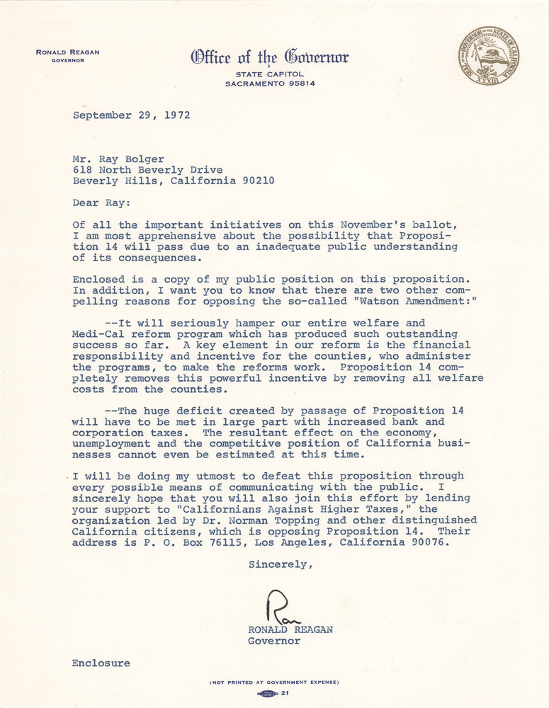 Lot 218 Ronald Reagan Typed Letter Signed as California Governor to Ray Bolger