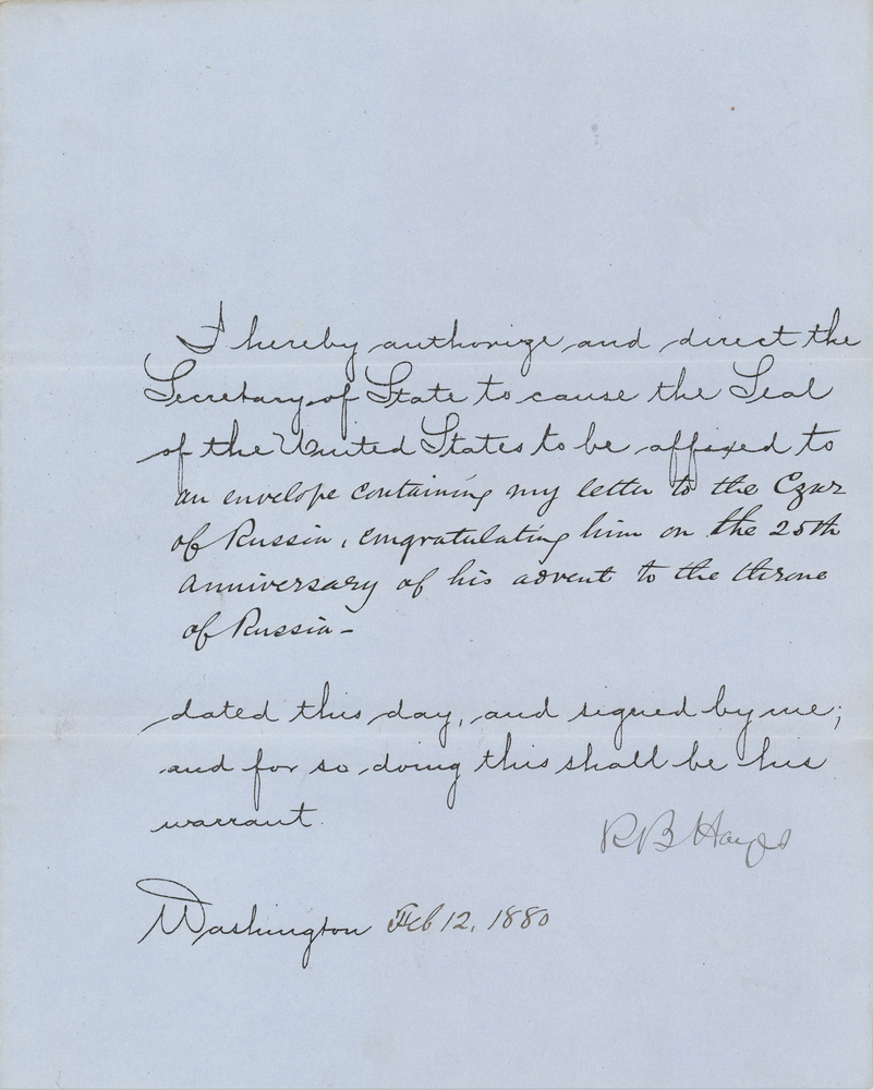 Lot 34 Rutherford B. Hayes Document Signed as President, Sending a Letter to Czar Alexander II on 