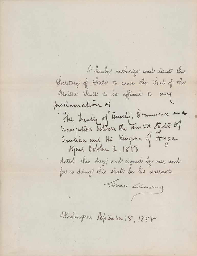 Lot 42 Grover Cleveland Document Signed as President, Proclaiming a Treaty with Tonga