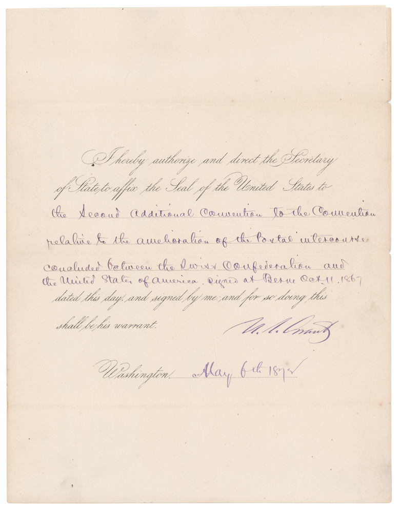 Lot 32 U.S. Grant Document Signed as President for a Postal Treaty with Switzerland