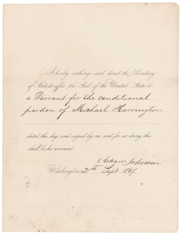 Lot 30 Andrew Johnson Document Signed as President for a Conditional Pardon