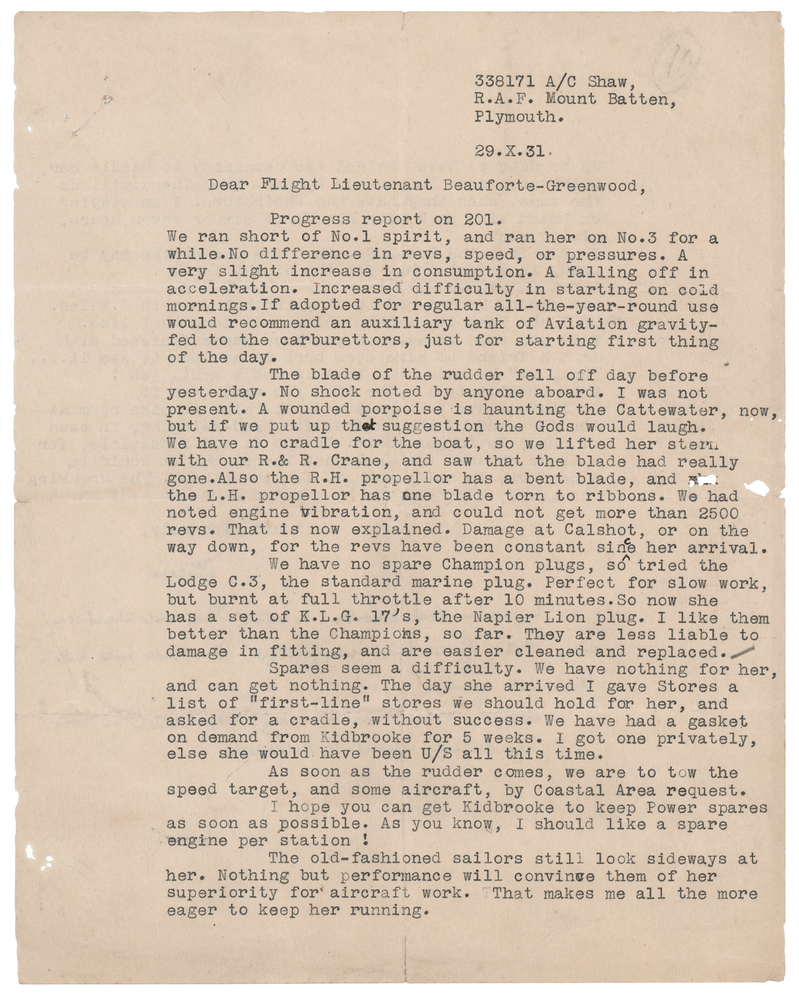 Lot 578 T. E. Lawrence Typed Letter Signed on Royal Air Force Matters and His Memoir, Seven Pillars of Wisdom