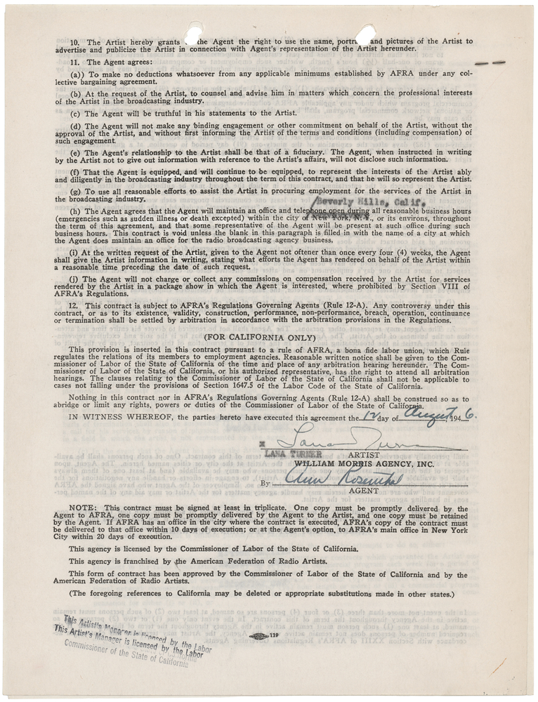 Lot 795 Lana Turner Signed Agency Contract