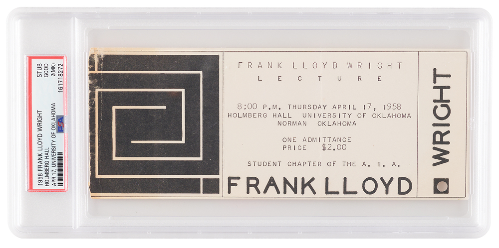 Lot 514 Frank Lloyd Wright 1958 University of Oklahoma Lecture Ticket Stub - PSA GOOD 2 (MK)