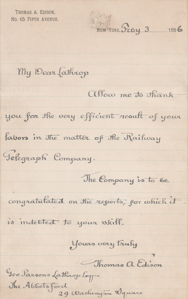 Lot 392 Thomas Edison Autograph Letter Signed on the Railway Telegraph Company (1886)