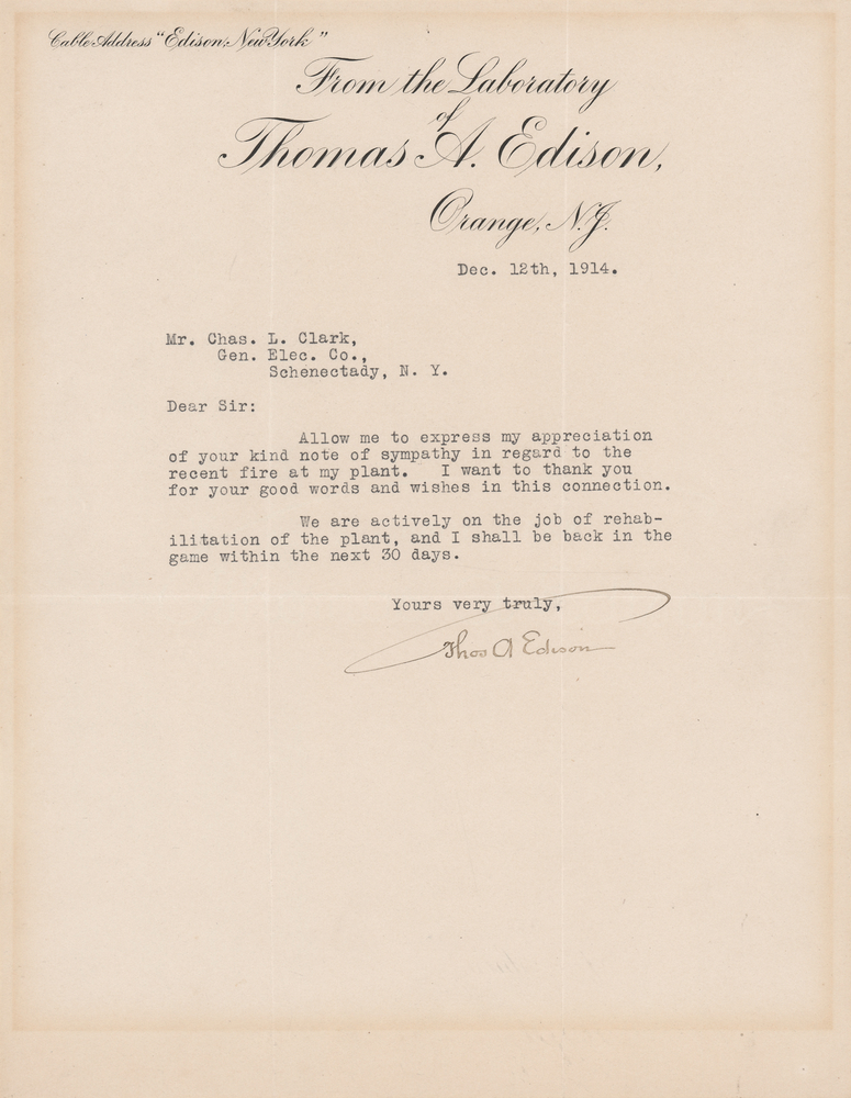 Lot 389 Thomas Edison War-Dated Typed Letter Signed on the 1914 West Orange Laboratory Fire