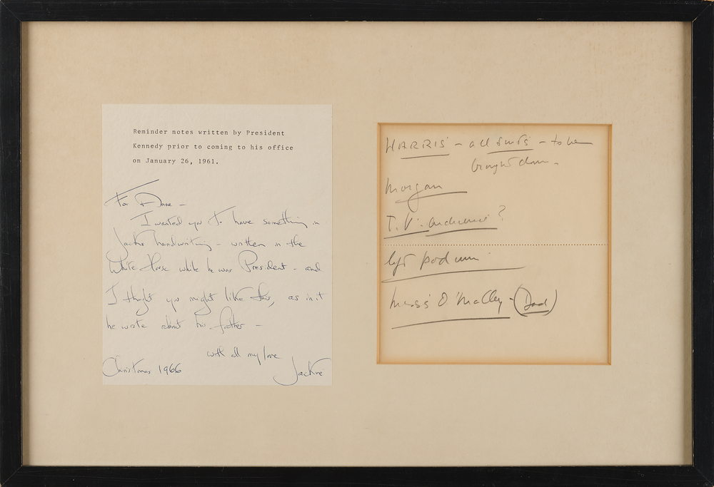 Lot 110 John F. Kennedy Handwritten Notes as President and Jacqueline Kennedy Autograph Letter Signed, Presented to Cousin Ann Gargan