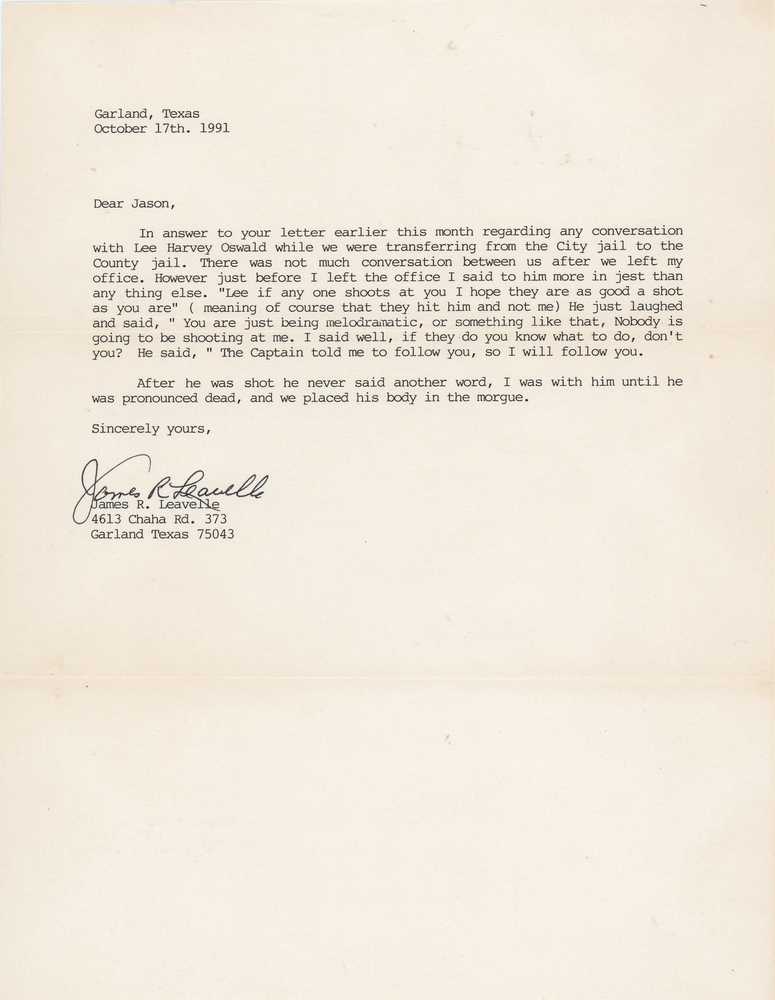 Lot 452 Kennedy Assassination: James Leavelle Typed Letter Signed on Lee Harvey Oswald: 