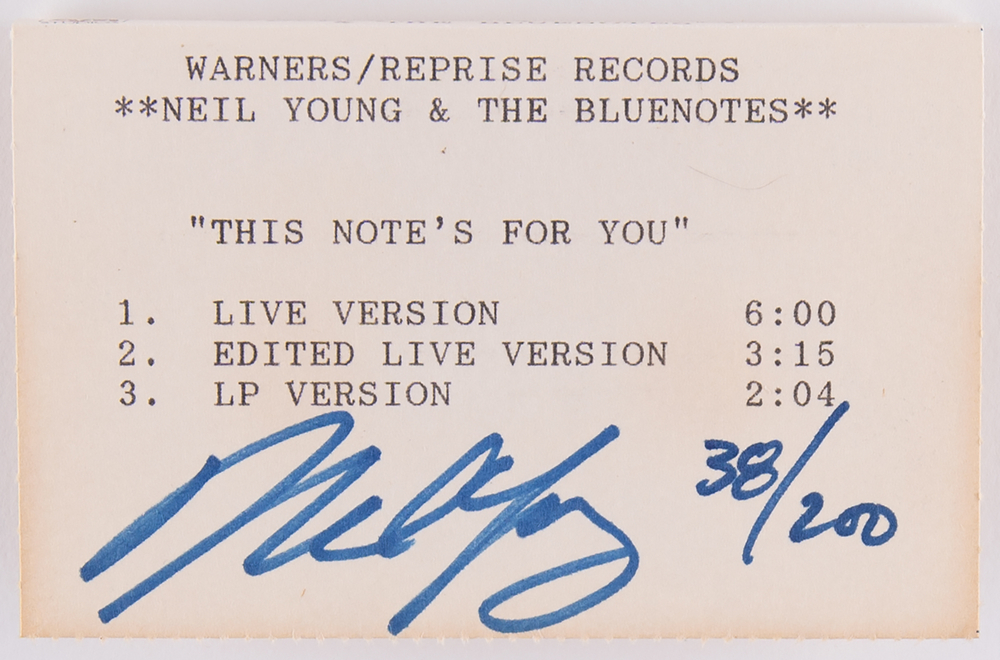 Lot 688 Neil Young Signed A&M Records Promo Cassette Tape - This Note's For You (Ltd. Ed. #38/200)