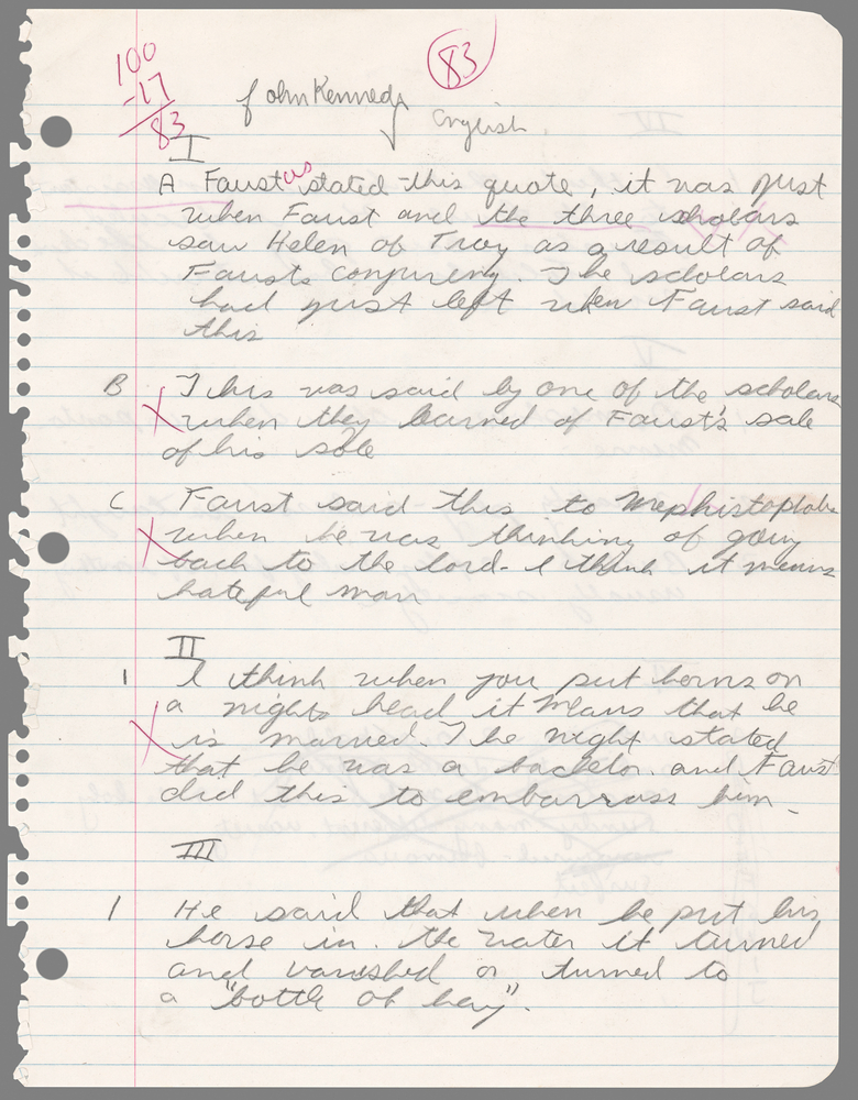 Lot 297 John F. Kennedy, Jr. Autograph Manuscript Signed - Middle School English Assignment on Faust (1974–75)