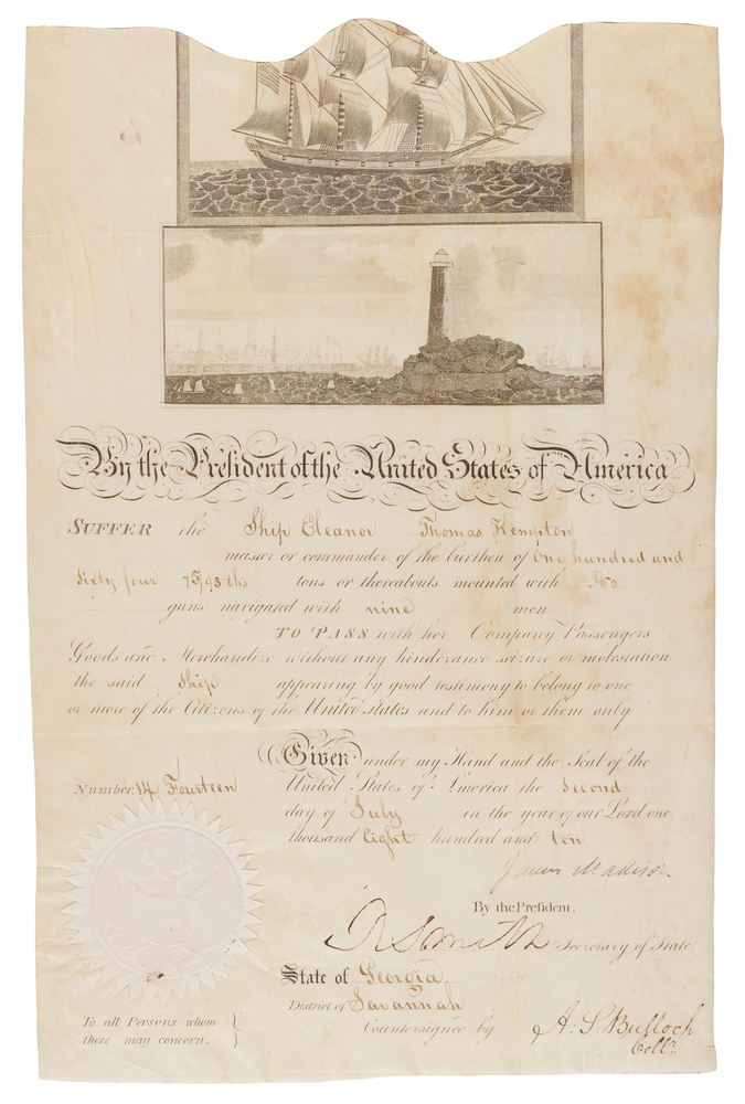 Lot 7 James Madison Document Signed as President - Scalloped-Top Passport Issued to the Ship Eleanor